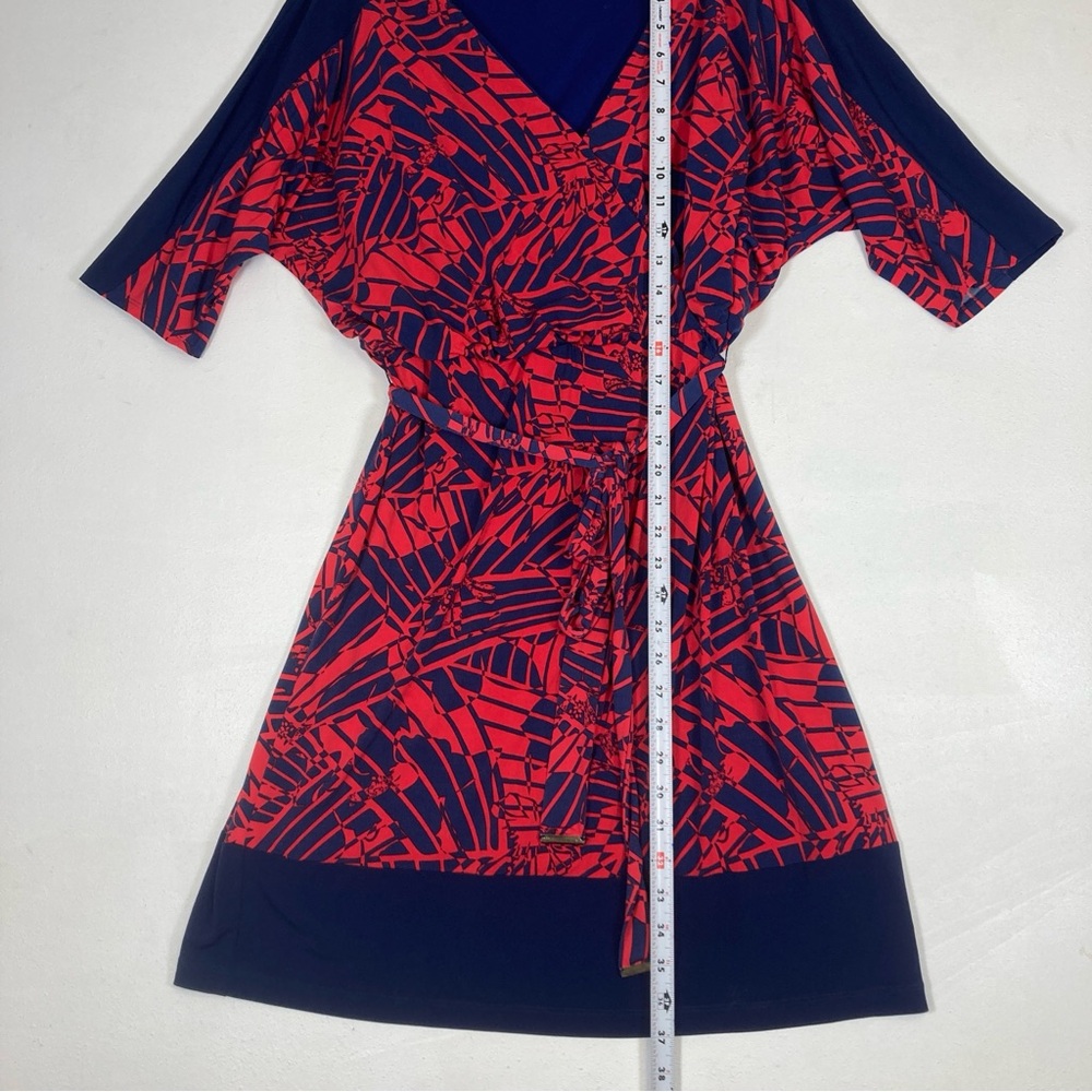 Sangria Red Navy Geometric Wrap  Dress V neck Size 14W Tie Dolman Sleeve - Picture 8 of 16